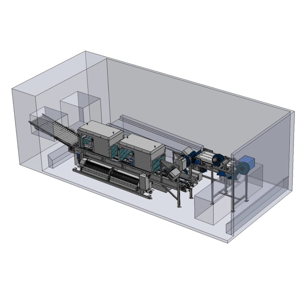 Line for washing and sanitizing crates with leaf product residues
